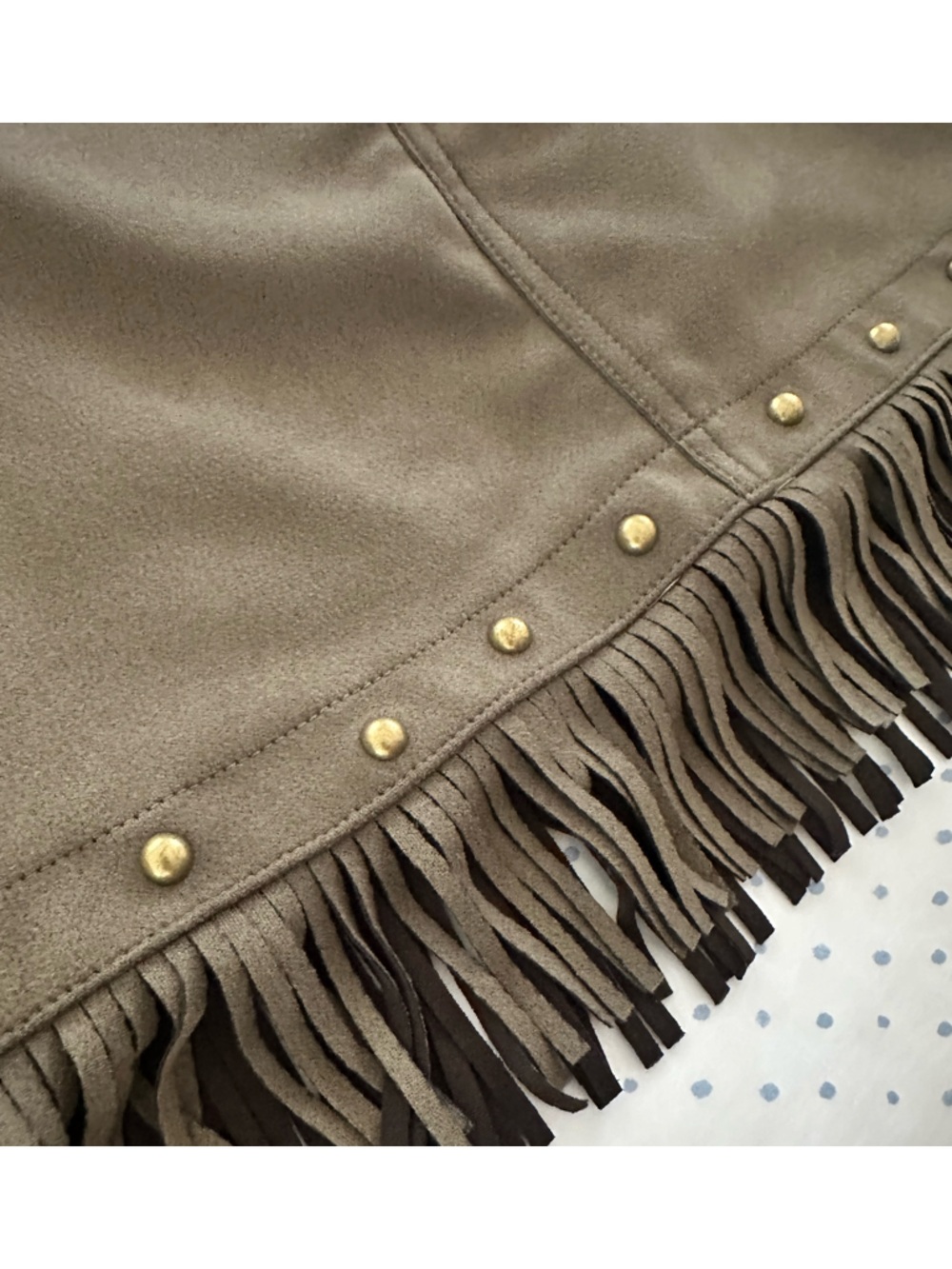 SHEIN Olive Green Faux Suede A-Line Mini Skirt | Fringe Hem | Size XS - Picture 3 of 7